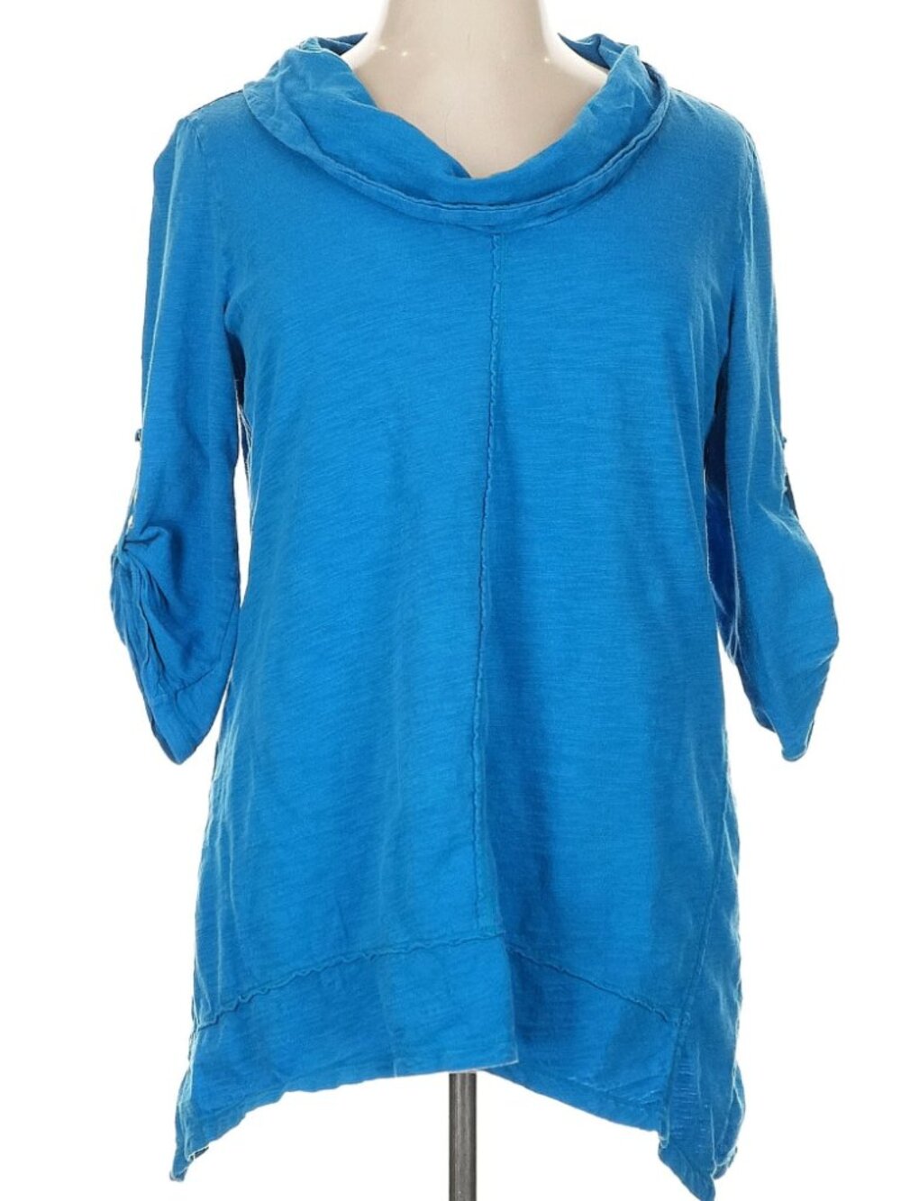 Soft Surroundings Cowl neckline 3/4 Sleeve  Blue Top with tabs 100% Cotton XL